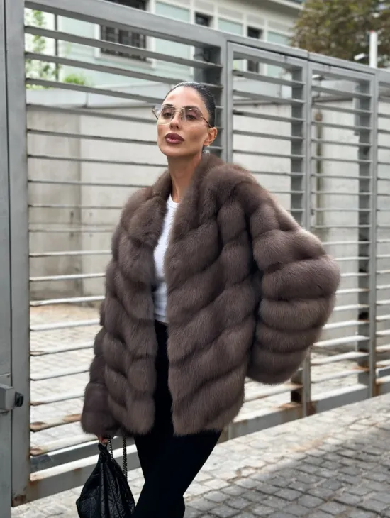 Меховой жакет - шуба из куницы цвет трюфель - фото 4