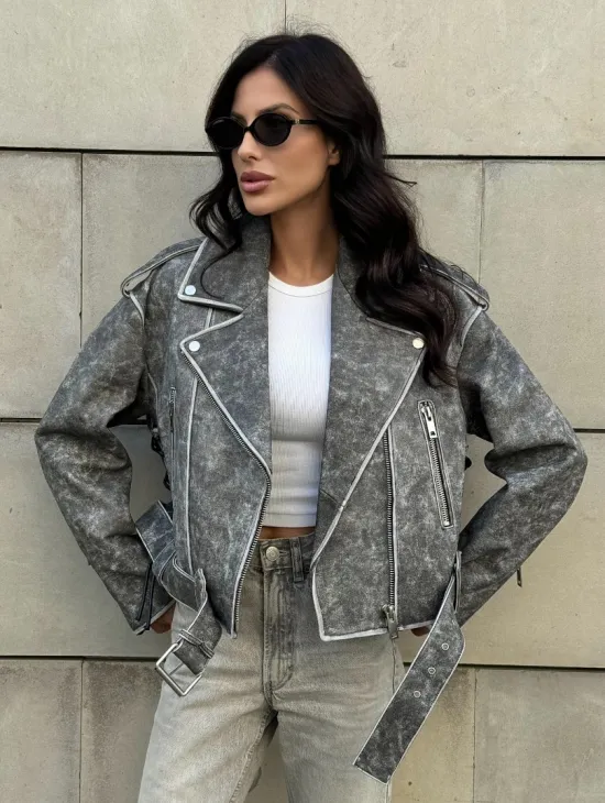 Косуха из натуральной кожи Vintage со шнуровкой - цвет серый - фото 0