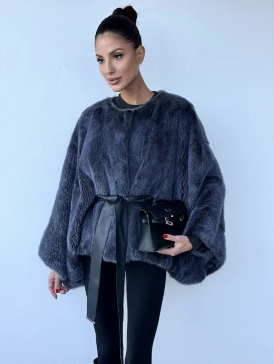Женское меховое манто - шуба из норки с круглым вырезом, модель  «Летучая мышь» - фото 5