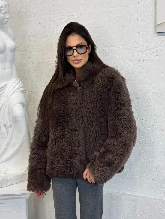 Полушубок - куртка женская из натуральной овчины с воротником апаш - фото 5