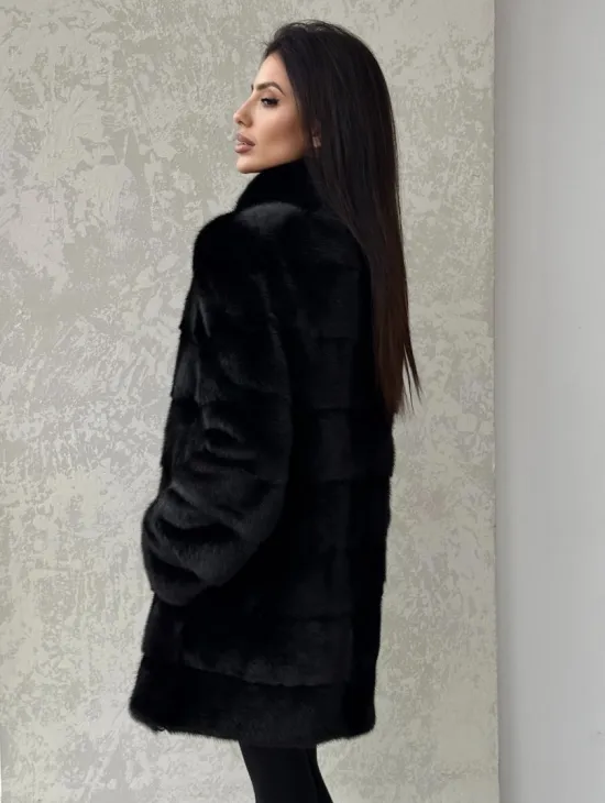 Норковая шуба средней длины стойка воротник - цвет черный - фото 3