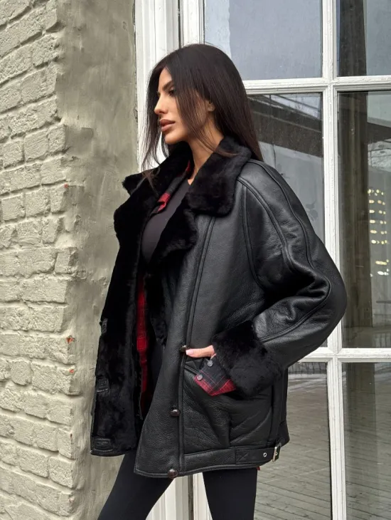 Винтажная куртка - дубленка «Total Black» с английским воротником на пуговицах - фото 10