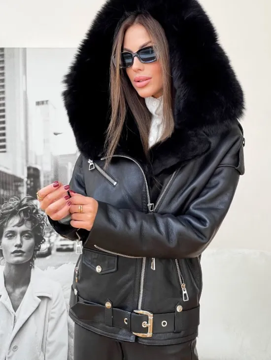Дубленка авиатор из натуральной овчины с капюшоном - фото 2