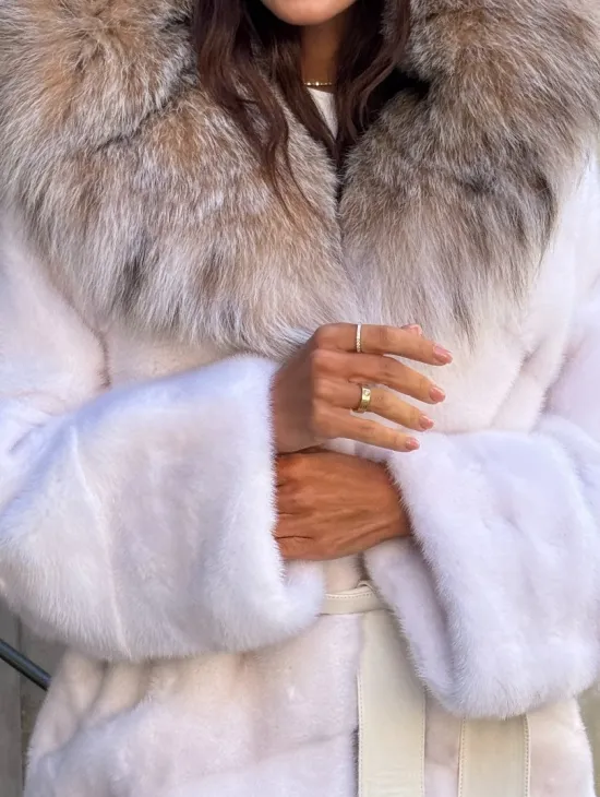 Норковая шуба с мехом рыси - белая - фото 1