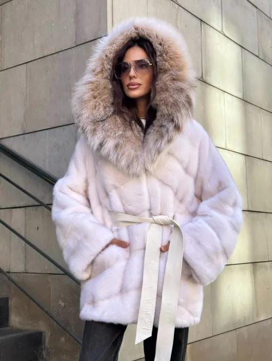 Норковая шуба с мехом рыси - белая - фото 10