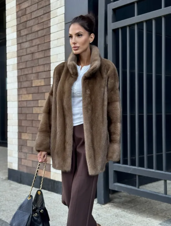 Шуба норковая пастель - стойка воротник - фото 6