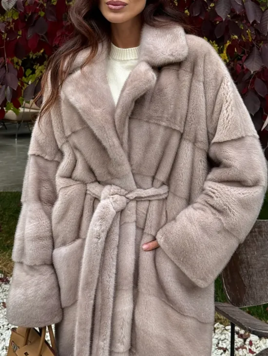 Длинная норковая шуба с поясом - фото 2