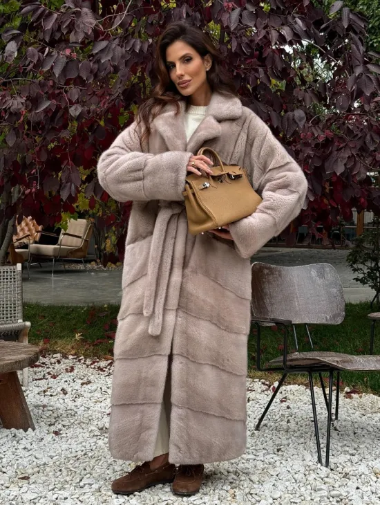 Длинная норковая шуба с поясом - фото 8