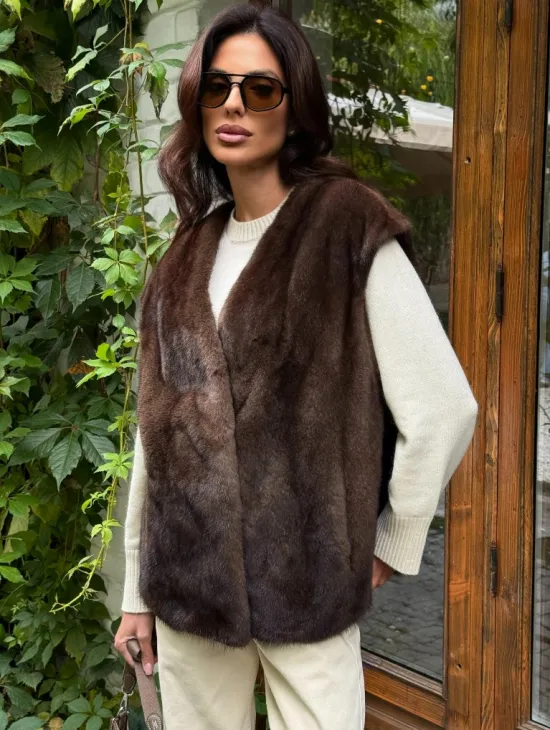Жилет норковый - цвет коричневый - фото 4