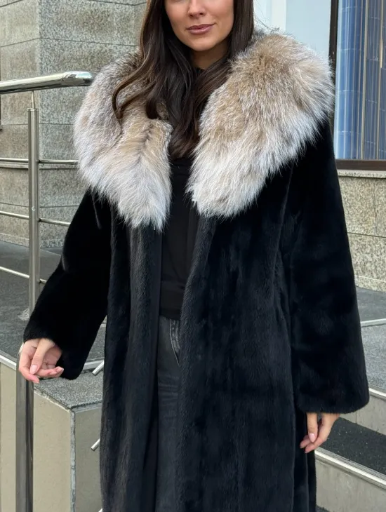 Черная норковая шуба с капюшоном из рыси - фото 3
