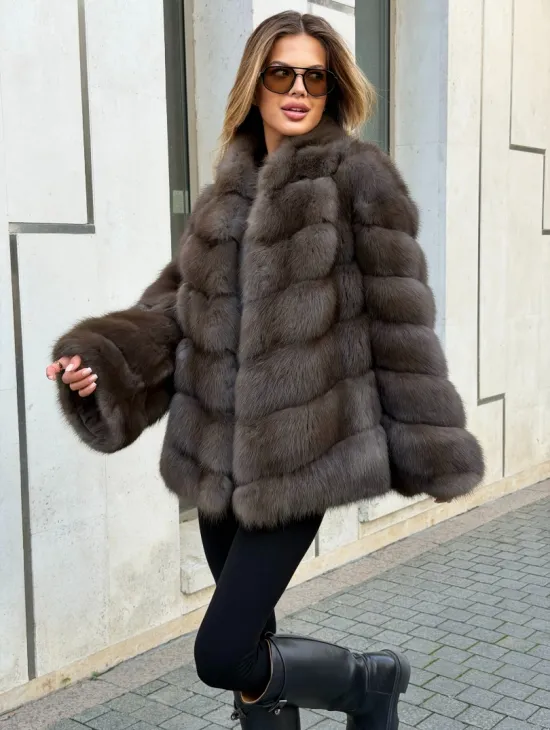 Шуба из куницы в цвете соболь - рукава косичкой - фото 3