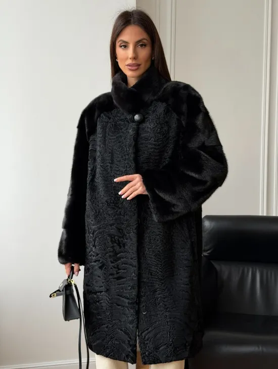 Шуба из каракуля с норкой - стойка воротник - фото 10