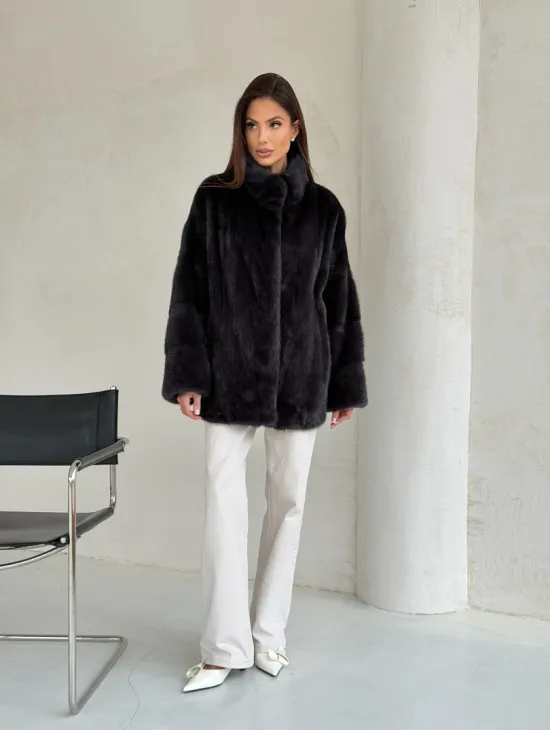 Норковый полушубок графит - стойка воротник - фото 10