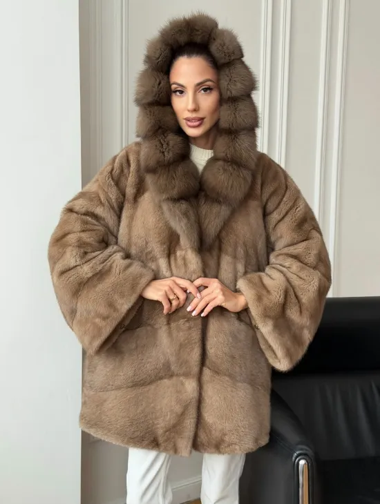 Шуба норковая с капюшоном куница - фото 7