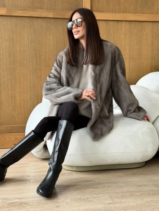 Норковый жакет в натуральном сером цвете - фото 8