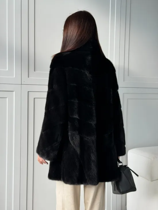 Черная норковая шуба - стойка воротник - фото 11