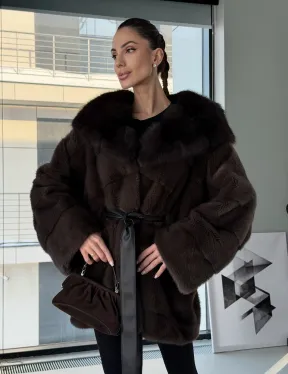 Норковая шуба кимоно с капюшоном куница - фото 12