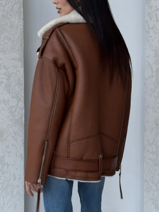 Дубленка авиатор из натуральной кожи в цвете виски - фото 4