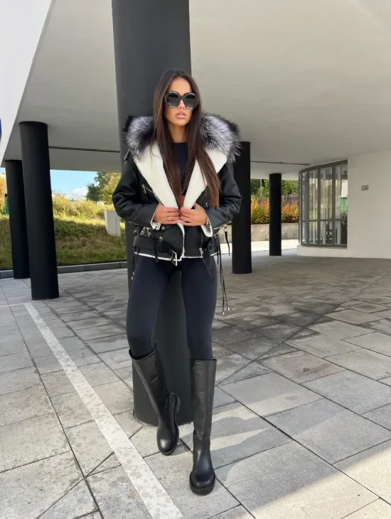 Авиатор из натуральной кожи с воротником из чернобурой лисы - фото 6