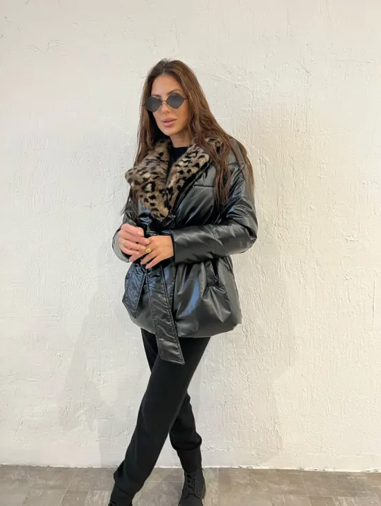 Пуховик с мехом норки в анималистическом принте - фото 8