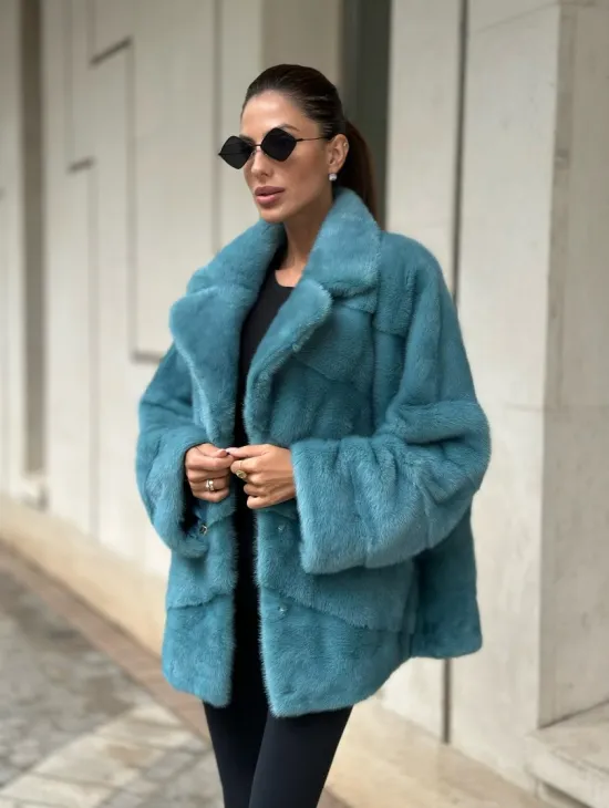 Шуба из норки с английским воротником - цвет тиффани - фото 4