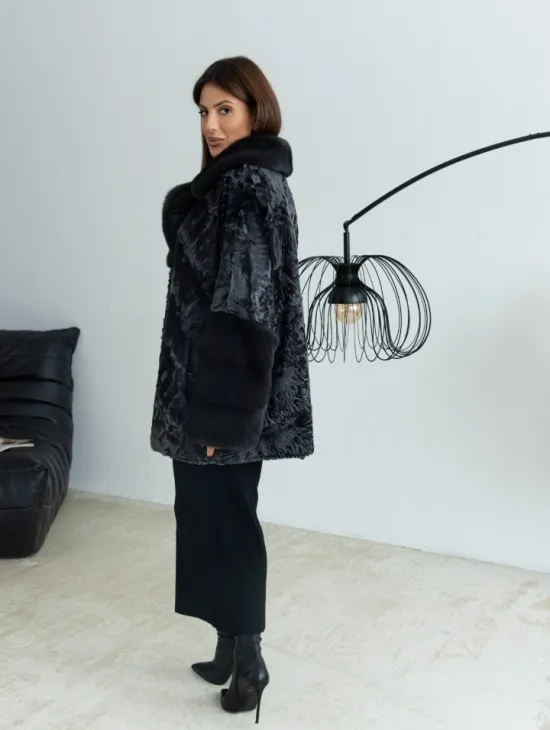 Графит полушубок из каракульчи с отделкой из меха норки - фото 4