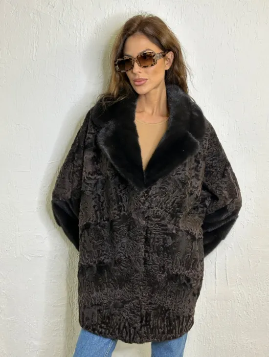 Кимоно каракульча английский воротник паркет - коричневый - фото 4