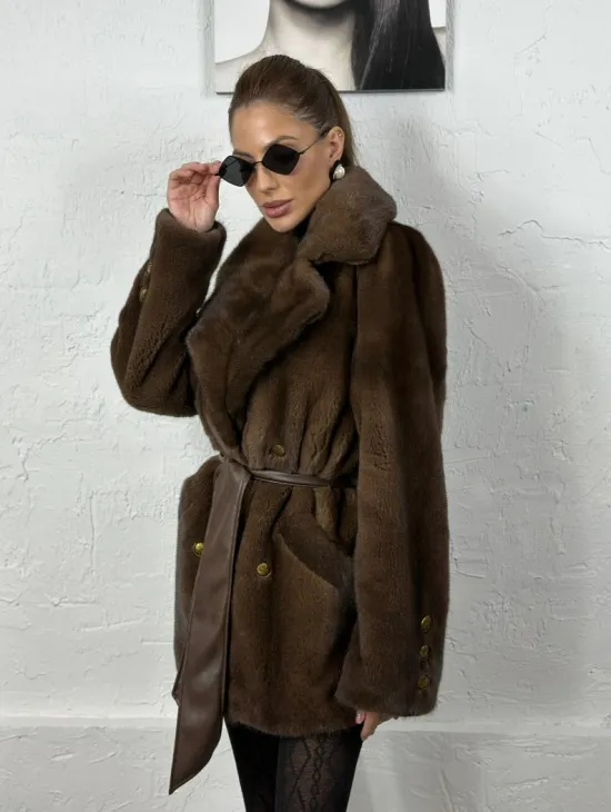 Элегантный жакет из меха норки - цвет соболь - фото 0