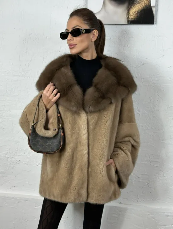 Норка автоледи с капюшоном куница - цвет пастель - фото 1