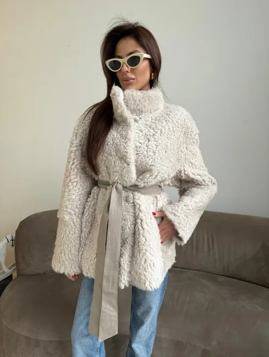 Дубленка двусторонняя из натурального меха тиградо - стойка воротник - фото 4