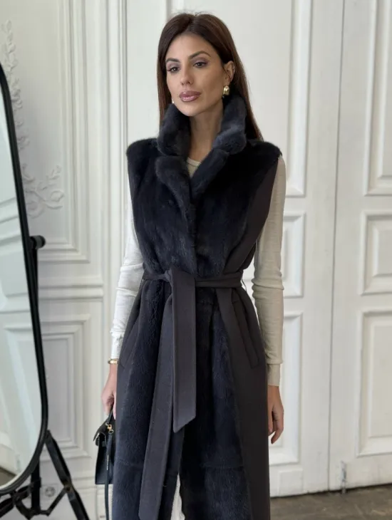 Пальто из кашемира с отделкой из меха норки - фото 0