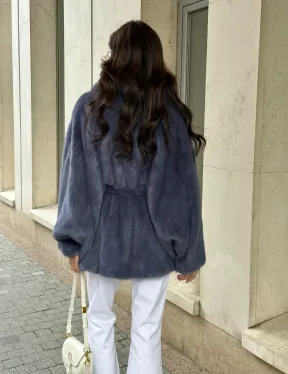 Шуба норковая летучая мышь - цвет джинс - фото 1