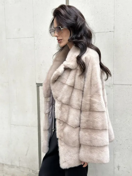 Шуба из меха норки английский воротник пудра - фото 3